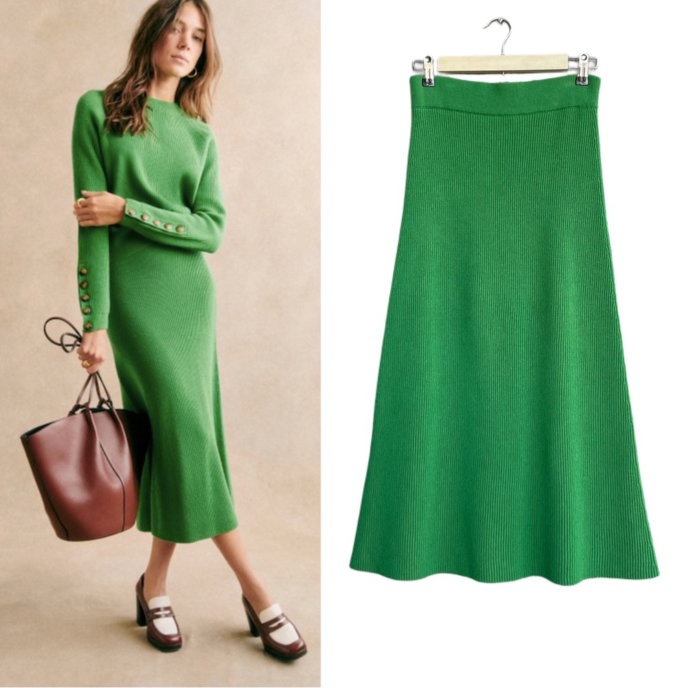 SEZANE Green Ribbed Knit Wool & Organic Cotton Naelle Pull On Midi Skirt S - Picture 14 of 16
